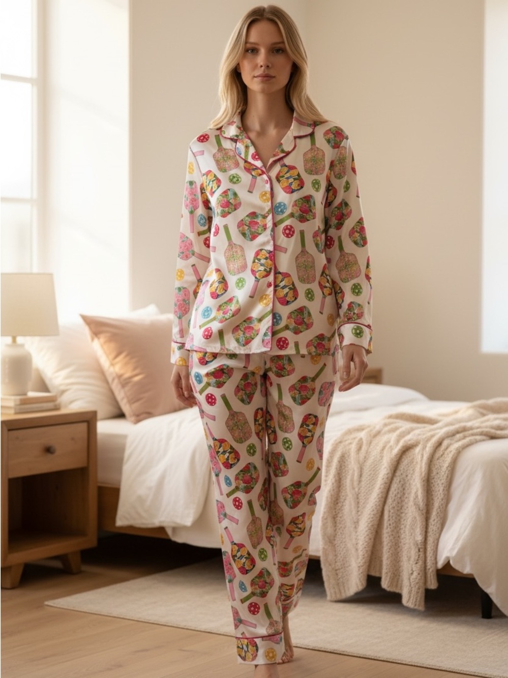 Women’s Size Medium SheShow White Pickleball Print Satin Lounge Pajama Set
